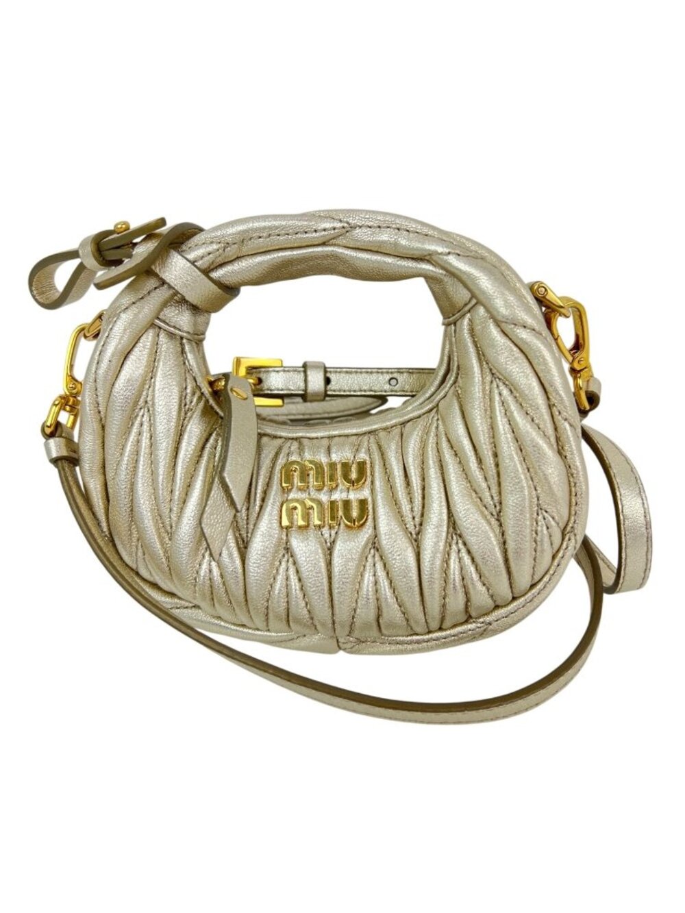 Miu Miu Wander Matelassé Nappa Leather Metallic Micro Hobo Crossbody